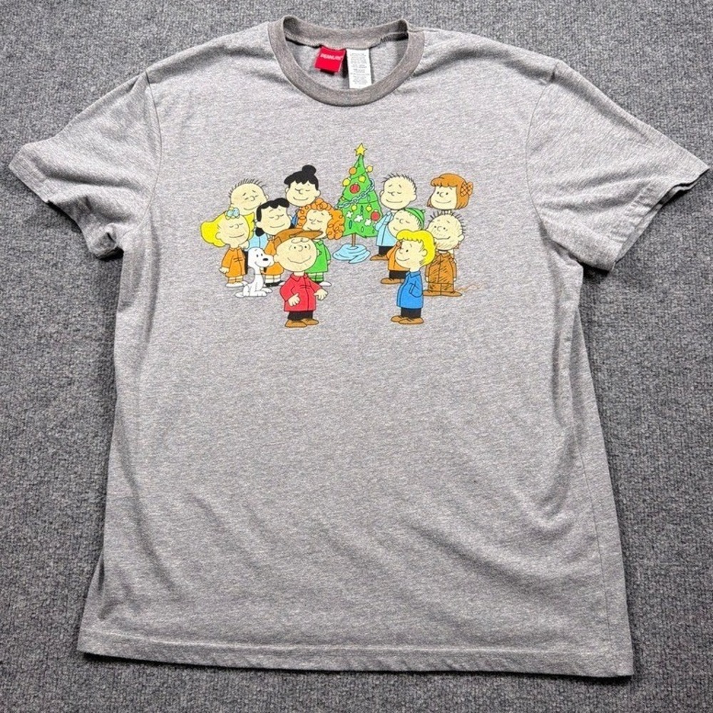 Vintage Peanuts Christmas T-Shirt Mens Large Gray Charlie Brown Snoopy Graphic